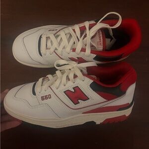 New Balance 550 White and Red Athletic Shoes